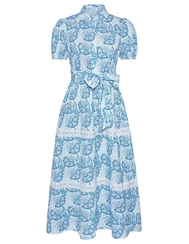 Grace Karin white and blue floral A-line dress with puff sleeves and a tie belt