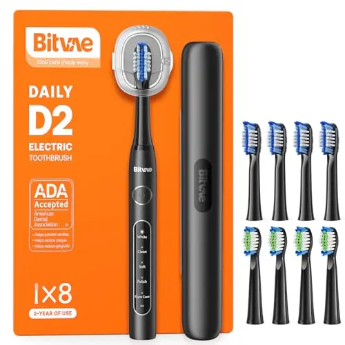 Bitvae ADA accepted electric toothbrush in shadow black with a 2-in-1 holder and travel case.