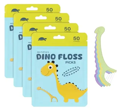 Sea Turtle Dino Floss Picks with corn starch handle and unflavored thread