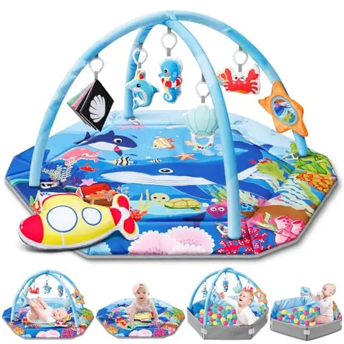 Baby Gym Play Mat, 8-in-1 Ocean Theme Tummy Time Mat & Ball Pit