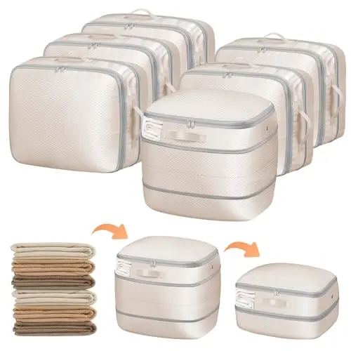 DIMJ beige self-compression storage bags with mesh windows stacked neatly