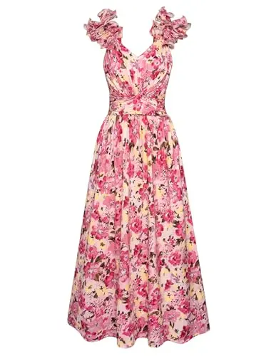 Grace Karin pink and yellow floral sundress with ruffled shoulders and smocked back