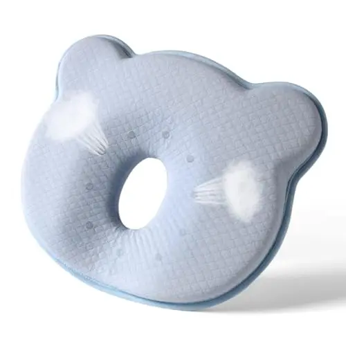 Hoovcmg blue memory foam baby pillow with concave center for flat head