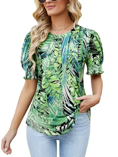 Ezcosplay Hawaiian shirt with pleated front and puff short sleeves in green tropical print