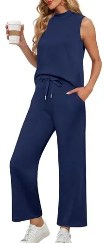 Lepunuo women's summer two-piece set with a sleeveless mock neck top and wide leg pants