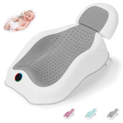 WDDBB gray foldable baby bath support with built-in thermometer strip