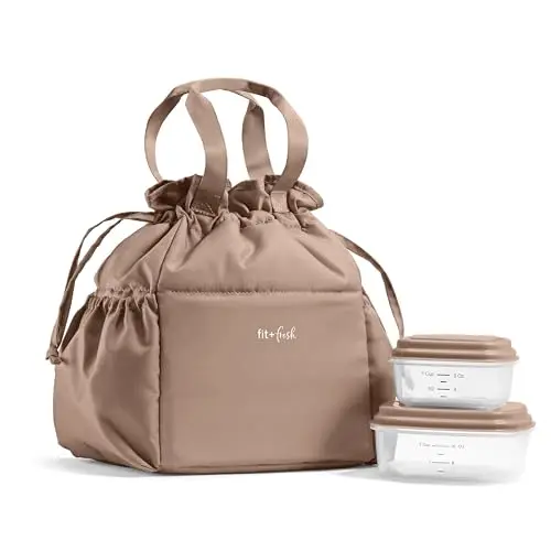 Fit & Fresh taupe drawstring lunch tote with included food containers