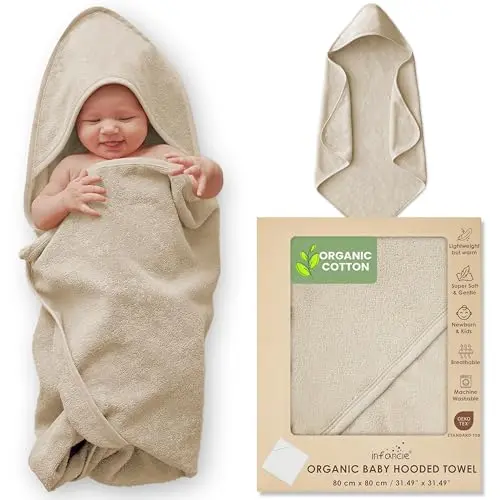 infancie organic cotton plush woven hooded baby towel in ivory