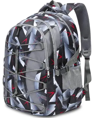 BLUEFAIRY Geometric patterned backpack for teens, showing large size and multiple zippers