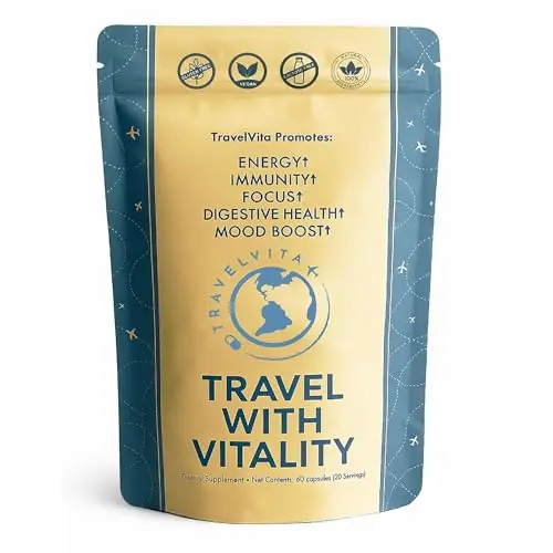 Flexible, resealable pouch of TravelVita natural travel supplement capsules on a passport