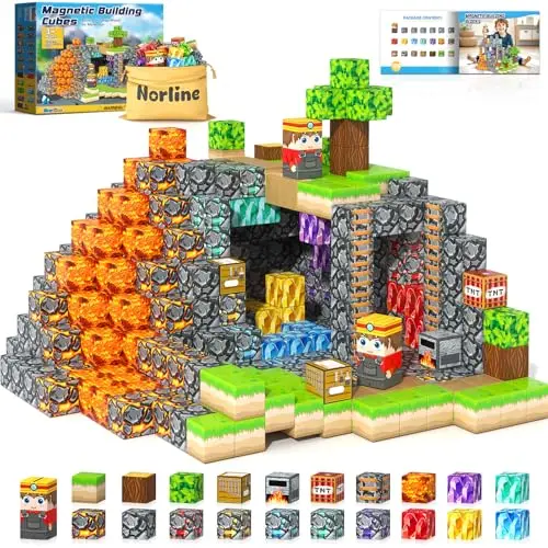 Norline magnetic building blocks in various shapes and colors forming a gem cave structure