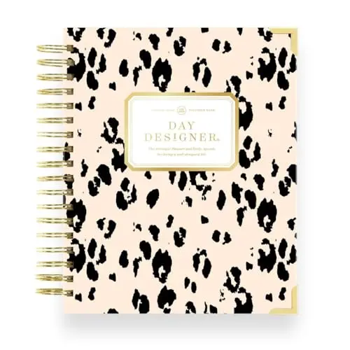 Day Designer 2026 weekly planner with painted leopard design and gold accents