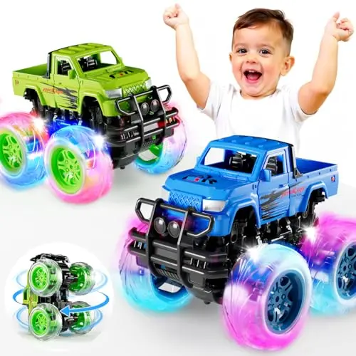 Two colorful monster truck toys with transparent, dual-color LED light-up wheels