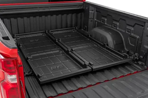 Rough Country black slide-out cargo tray in a long truck bed