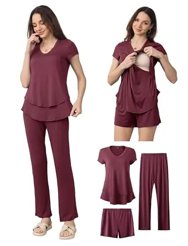 SUNNYBUY 3-piece maternity pajama set in burgundy, showing the hidden nursing top, shorts, and long pants.