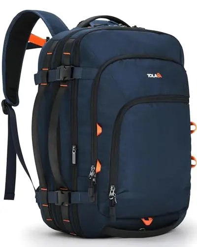 Tolaccea Navy Travel Backpack with side-access laptop compartment