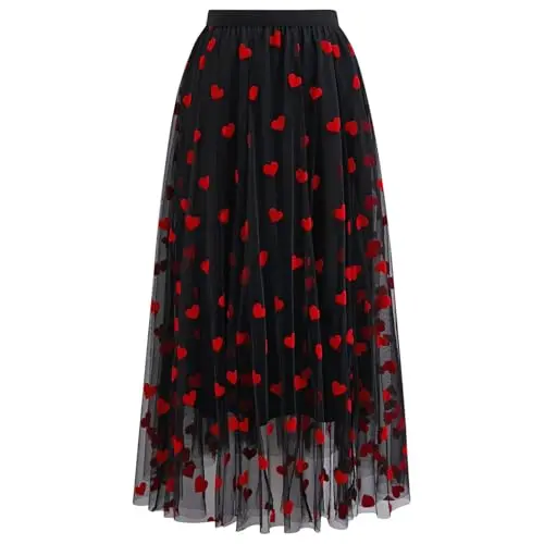 Chicwish women's black mesh midi skirt with 3D red heart print and elastic high waist