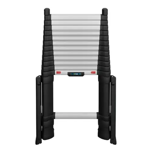 W.steps Prime 13.5 foot silver and black telescopic extension ladder with stabilizer feet.