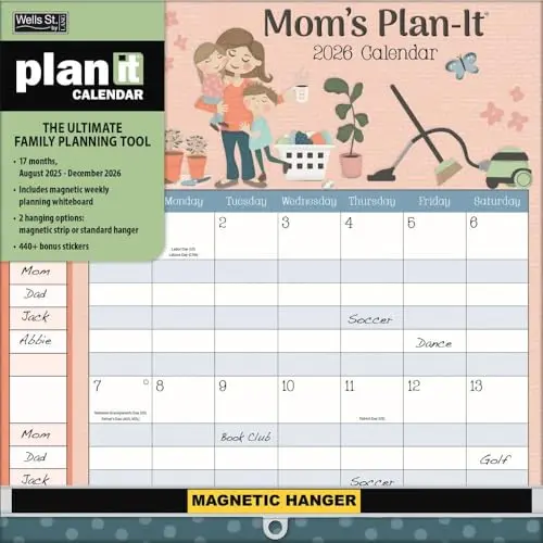WSBL Moms 2026 Plan It Plus wall planner with stickers and magnetic hanger, hanging on a fridge.