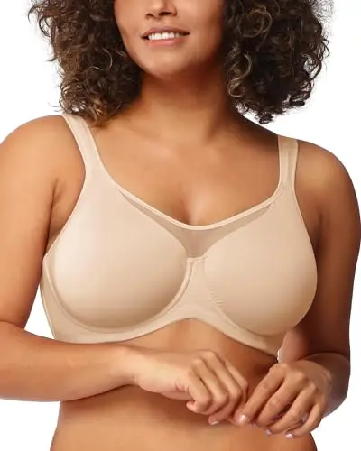 HSIA Minimizer Bra in light beige, shown on a hanger highlighting its full coverage design and wide straps.