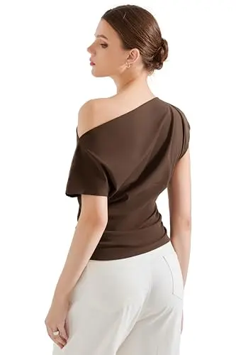 Suuksess Dark Brown off shoulder top in a boat neck style, showcasing casual summer look