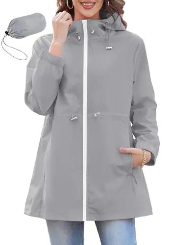 Zando Lightweight Rain Jacket for Women in Gray, featuring a cinched waist and sleek windbreaker style.