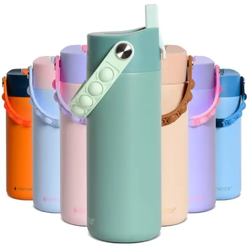 Elemental insulated kids water bottle in sage color with pop-it handle