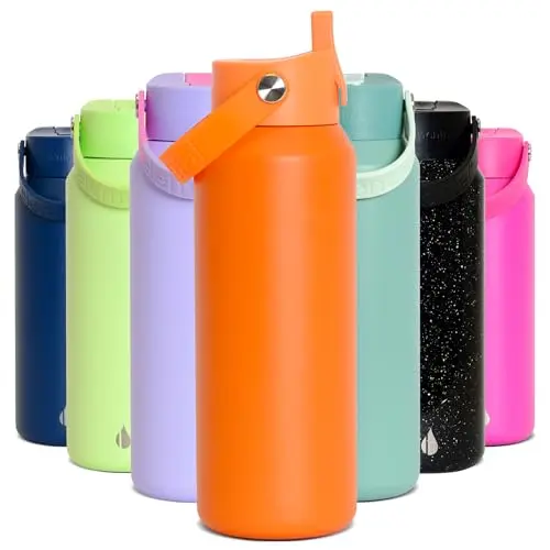 Elemental 40oz insulated water bottle with straw in orange color