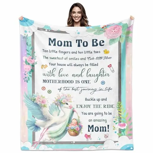 White 'Mom to Be' themed throw blanket with baby and floral patterns product image