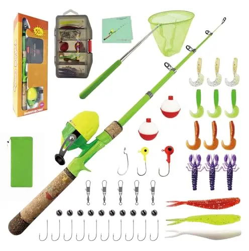 SHUDAROCAST green kids fishing rod with cork grip handle and tackle accessories