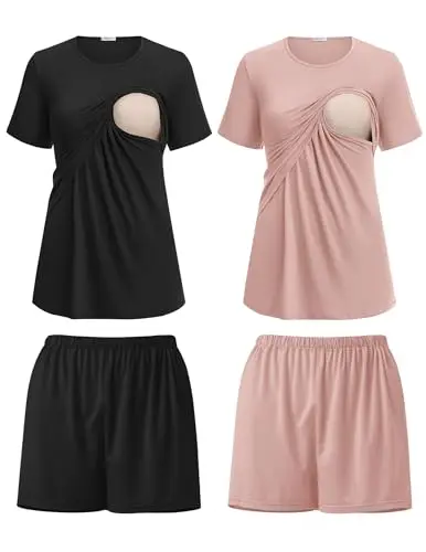 Ekouaer two-pack nursing pajama set in black and pink, showing the double-layer top and elastic waistband pants.