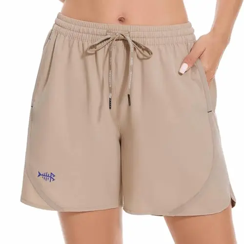 BASSDASH Womens 5 fishing shorts in light khaki color