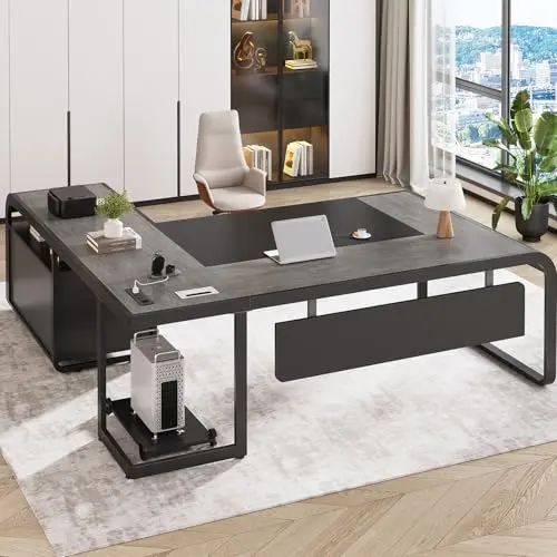 SEDETA grey L-shaped executive desk with mobile CPU stand and power outlets