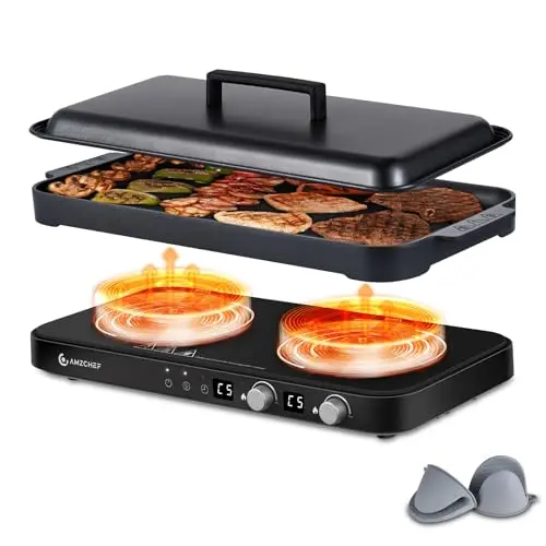 AMZCHEF double induction cooktop with a removable non-stick griddle pan on a black glass surface.