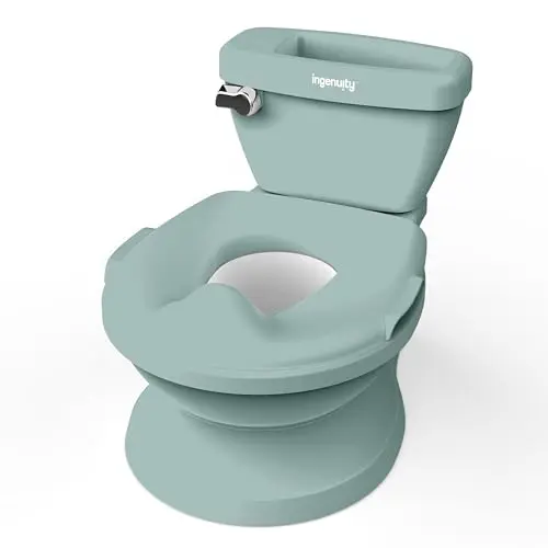 Ingenuity My Size Potty Pro in green, showing its realistic toilet design with a flushing handle and storage tank.