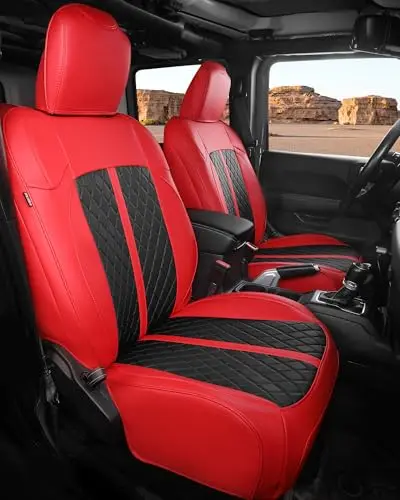RIDEPOSH luxury black and red leather seat covers installed in a Jeep Wrangler JL