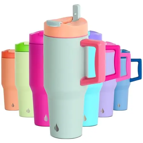 Elemental 32 oz tumbler with handle and straw in mint sorbet, designed for commuting