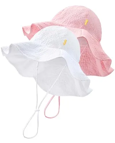 Baby girl pink and white wide brim sun hat with mesh lining