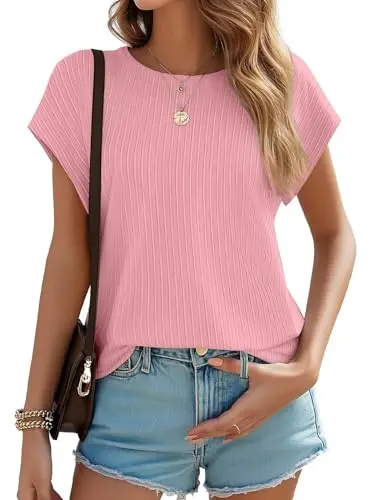 JUSTFASHIONNOW Short Sleeve Blouse with ribbed texture and crew neck in Pink