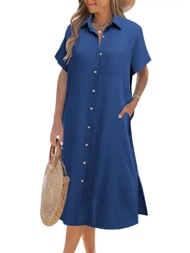 Women's button-down short sleeve shirt dress in midi length