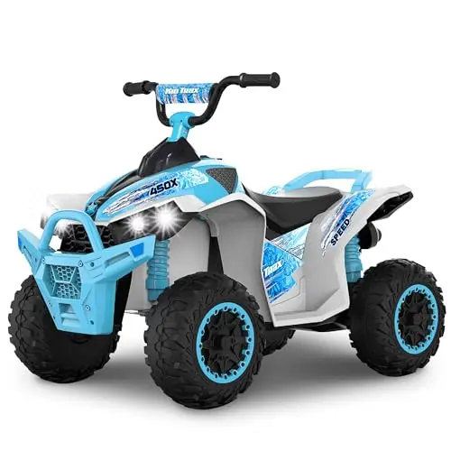 Kid Trax 12V ATV ride-on toy in ice blue with LED headlights