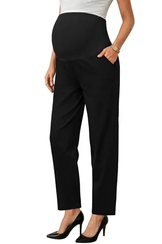OUGES black stretchy maternity trousers with an over-belly panel and side pockets.