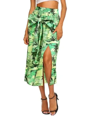 Ezcosplay Women Hawaiian Midi Skirt with slit in green