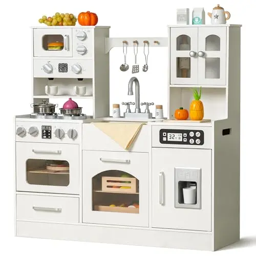 Wooden play kitchen set for toddlers with lights, sounds, and ice maker