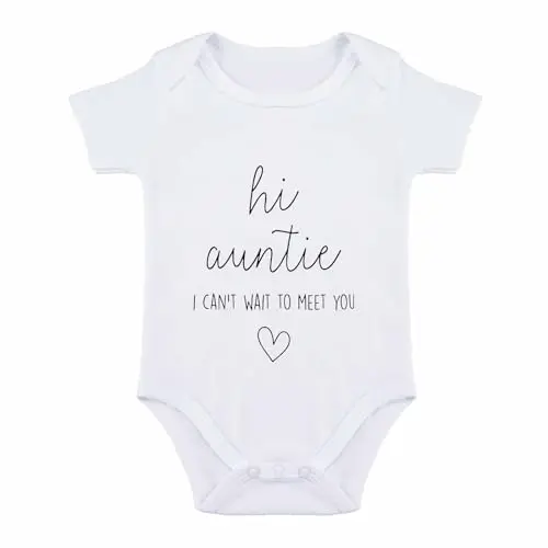 SproutJoy white baby bodysuit with 'Hi Auntie' text for pregnancy announcements