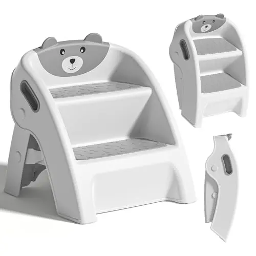 TPN Toddler Step Stool folded and unfolded, showing gray plastic construction with non-slip steps.