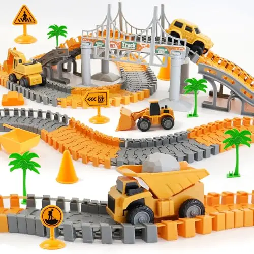 Colorful flexible race track pieces with a bridge and construction vehicle cars