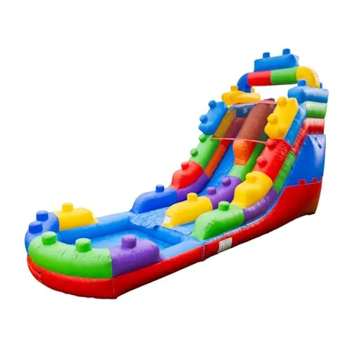 HeroKiddo Block Party commercial inflatable water slide with colorful blocks and attached pool
