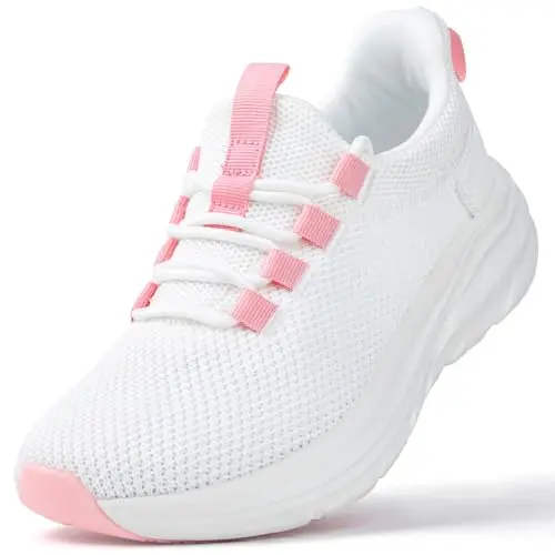 KOLILI white and pink breathable knit walking sneaker