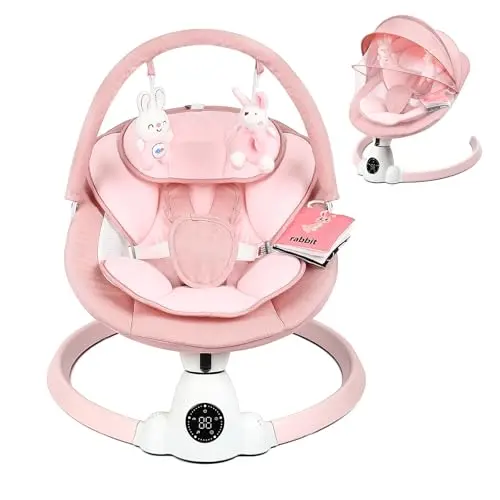 Uuoeebb electric baby swing in soft pink with a remote control and plush toys.